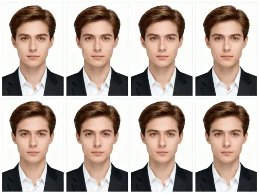 Passport photos 2 Sheet of eight biometric e-passport photos of a young man in a suit, taken at PM Studios Munich.