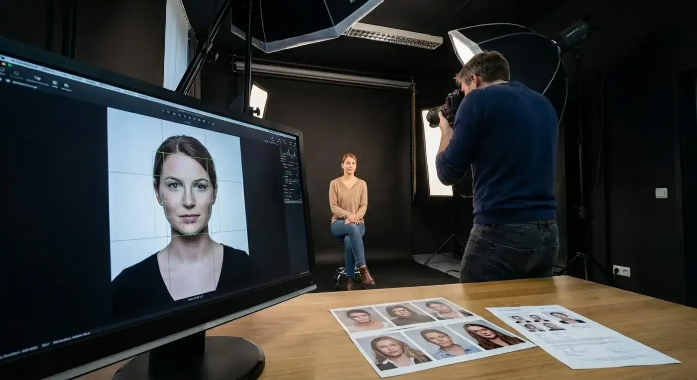Biometrisches Passfoto in München wird im Fotostudio professionell aufgenommen – Person sitzt vor neutralem Hintergrund, Kamera korrekt ausgerichtet.