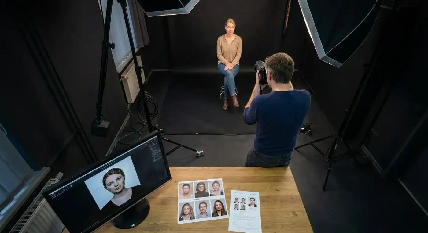 Why self-made passport photos are no longer valid and where to get certified biometric passport photos in Munich at PM STUDIOS. Fast & accepted 2 Certified biometric passport photo session in Munich — photographer aligning camera and lighting to meet official passport requirements.