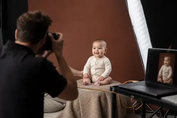 Baby & Kleinkind Fotos 4 Blick über die Schulter des Fotografen bei PM STUDIOS München: Ein Shooting mit einem lachenden Baby auf weichem Untergrund vor rotbraunem Hintergrund, inklusive Live-Vorschau am Laptop und professioneller Softbox.
