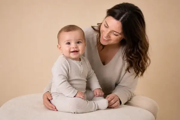 Baby & Kleinkind Fotos 1 Natürliche Babyfotografie von PM STUDIOS München: Eine Mutter lächelt ihren lachenden Sohn während eines Baby-Fotoshootings im Studio an – harmonische Erdtöne und warme Atmosphäre.