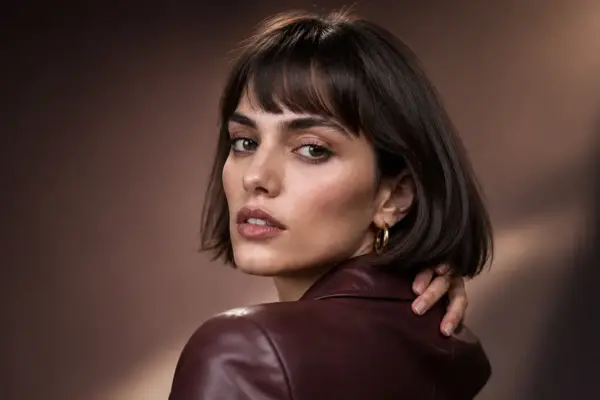 Professionelles Beauty-Porträt von PM STUDIOS München: Ausdrucksstarkes Porträt einer Frau mit braunem Pagenkopf und bordeauxroter Lederjacke vor einem warmen, erdfarbenen Studiohintergrund mit eleganter Lichtführung.