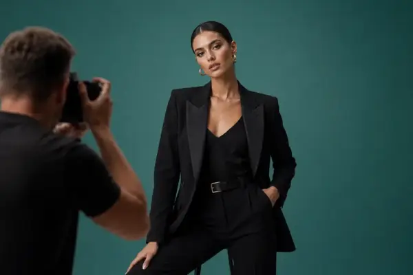 Behind-the-Scenes eines Beauty & Fashion Shootings bei PM STUDIOS München: Ein Fotograf fotografiert eine elegante Frau im schwarzen Hosenanzug vor einem tiefgrünen Studiohintergrund.