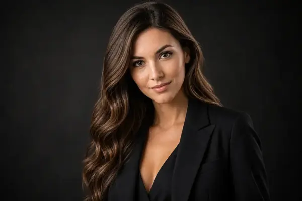 Portraitfotos 2 Hochwertiges Business-Portrait von PM STUDIOS München: Ausdrucksstarker Headshot einer braunhaarigen Frau im schwarzen Blazer vor einem schlichten dunklen Studiohintergrund.