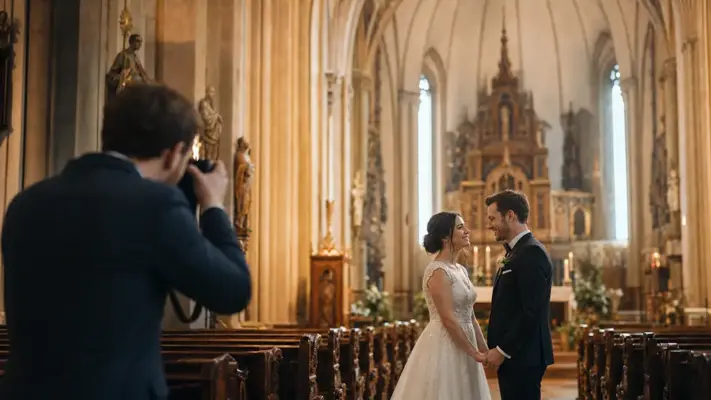 Wedding photos 3 Professional wedding photography in a church: A photographer capturing a beautiful bride and groom holding hands in front of the ornate altar during their wedding ceremony in Munich.