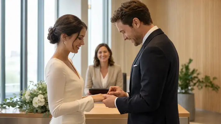 Wedding photos 2 Civil wedding ceremony in Munich by PM STUDIOS: The groom placing a wedding ring on the bride's finger during their ceremony at the registry office, featuring authentic emotions.