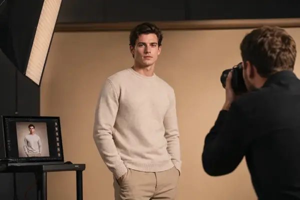 E-Commerce Shooting 4 Professional e-commerce fashion photography at PM STUDIOS Munich: Menswear photoshoot featuring a model in a beige sweater against a neutral studio backdrop with real-time image review.