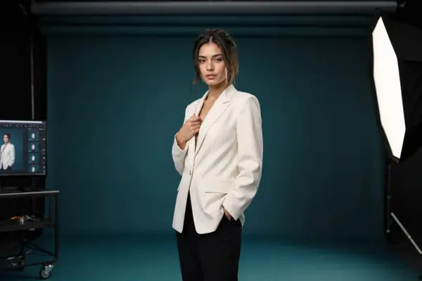 Editorial photography 3 Behind the scenes of an editorial fashion shoot at PM STUDIOS Munich: Model in a cream blazer posing against a deep teal backdrop, featuring professional octabox lighting and a digital capture workstation.