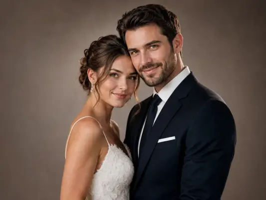 Wedding photos 1 Classic wedding portrait by PM STUDIOS Munich: A beautiful bride and groom leaning their heads together, smiling warmly into the camera against a neutral, timeless studio backdrop.