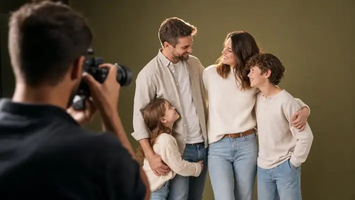 Professionelles Familienporträt-Shooting bei PM STUDIOS München: Eine vierköpfige Familie in heller Kleidung posiert entspannt vor einem grünen Hintergrund, während der Fotograf die Szene einfängt.