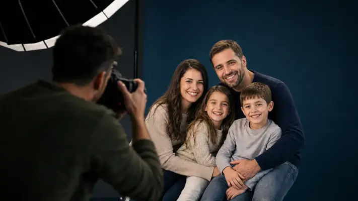 Family photoshoot at PM STUDIOS Munich: A smiling family of four posing together in the studio while the photographer captures a natural family portrait.