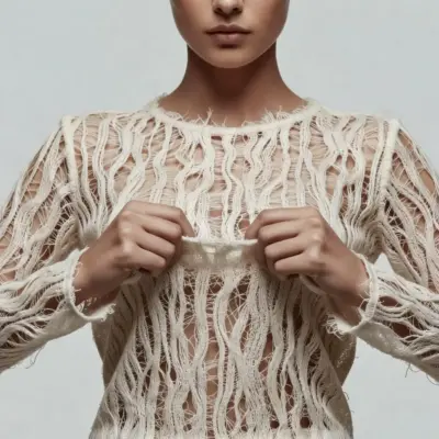 Close-up of a structured, light-colored knitwear top in macro style; focus on material quality and texture for high-end fashion commercial photography by PM STUDIOS – Professional Photo Studio in Munich.