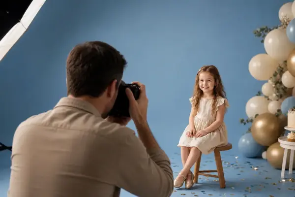 Geburtstagsfotos 4 Professionelles Kinder-Geburtstags-Fotoshooting bei PM STUDIOS München: Ein Fotograf fotografiert ein lachendes Mädchen auf einem Holzschemel vor hellblauem Hintergrund mit festlicher Ballon-Dekoration.