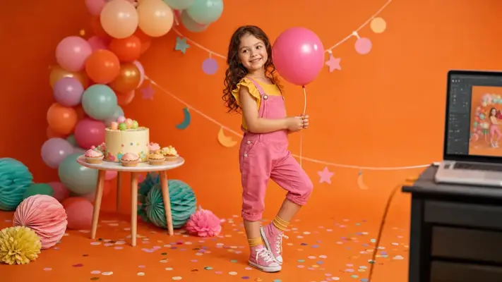Geburtstagsfotos 2 Kreatives Kinder-Geburtstags-Fotoshooting bei PM STUDIOS München: Ein lachendes Mädchen in pinker Latzhose hält einen Ballon in einer farbenfrohen orangefarbenen Kulisse mit Geburtstagstorte, Cupcakes und Ballongirlande; Live-Bildkontrolle am Laptop.