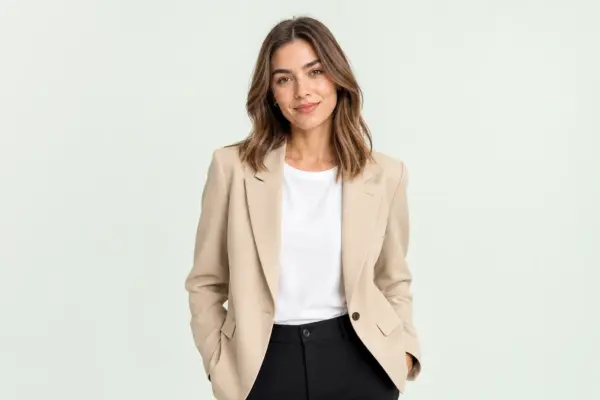 Professionelles Katalog-Portrait bei PM STUDIOS München: Halbkörper-Aufnahme eines weiblichen Modells in beigem Blazer vor einem neutralen hellgrauen Studiohintergrund; ideal für Fashion E-Commerce und Lookbooks.