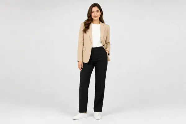 Professionelles Katalog-Shooting bei PM STUDIOS München: Ganzkörper-Aufnahme eines weiblichen Modells in beigem Blazer, weißem T-Shirt und schwarzer Hose vor einem neutralen, hellgrauen Hintergrund; ideal für E-Commerce und Lookbooks.