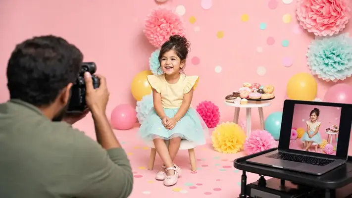 Geburtstagsfotos 3 Buntes Kinder-Geburtstags-Fotoshooting bei PM STUDIOS München: Ein lachendes Mädchen in einem gelb-türkisen Outfit sitzt in einer verspielten Pink-Kulisse mit Ballons, Donuts und Pompons; Live-Vorschau am Laptop.