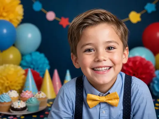 Geburtstagsfotos 1 Professionelles Kinder-Porträt zum Geburtstag von PM STUDIOS München: Ein freudig lachender Junge in einem hellblauen Hemd mit gelber Schleife und Hosenträgern vor einem dunkelblauen Hintergrund mit festlicher Party-Dekoration.