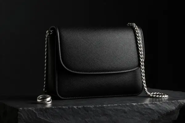 Produktfotos 4 Nahaufnahme einer eleganten schwarzen Lederhandtasche mit silberner Gliederkette und einem silbernen Ring auf einer dunklen Schieferplatte; professionelles Still-Life-Produktfoto von PM STUDIOS München.
