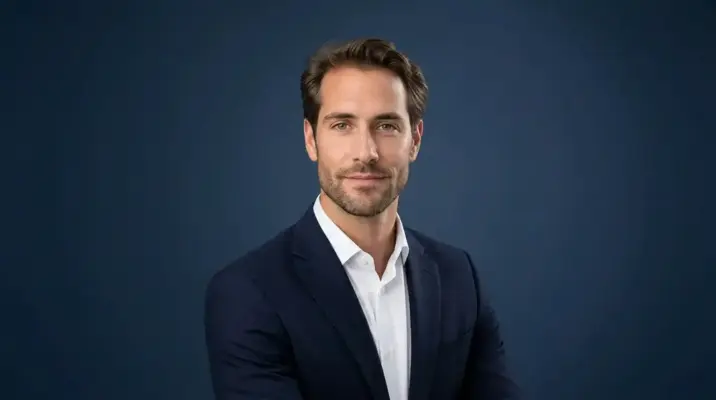 Businessfotos 1 Modernes Business-Porträt von PM STUDIOS München im Querformat: Professionelles Headshot eines Mannes in Business-Attire vor einem eleganten blauem Hintergrund.