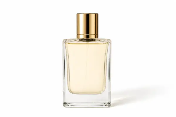 Produktfotos 3 Professionelle Produktaufnahme eines eleganten Parfumflakons aus Glas mit goldener Verschlusskappe vor weißem Hintergrund; hochwertige Kosmetik- und Produktfotografie von PM STUDIOS München.