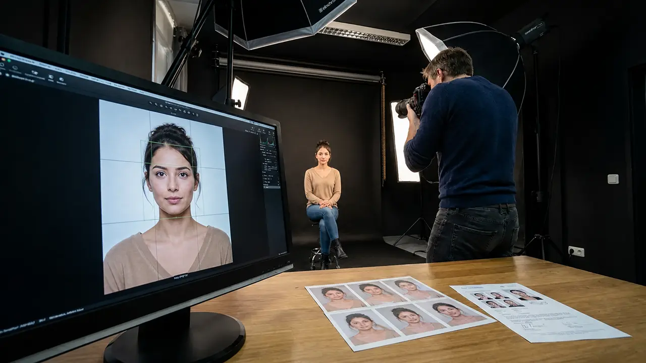 Professionelles Fotostudio Setup von PM STUDIOS in München bei der Erstellung eines biometrischen Passfotos mit digitalem Monitor, Lichtanlage und gedruckten Ausweisbildern.