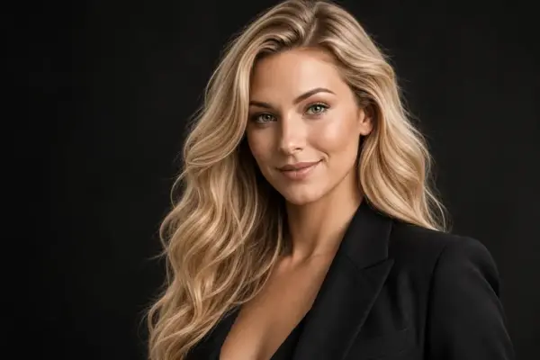 Portrait photos 1 Premium business portrait by PM STUDIOS Munich: High-end headshot of a blonde professional woman in a black blazer against a dark studio background, featuring elegant lighting.