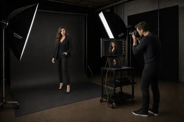 Portraitfotos 3 Professionelle Business-Portraitfotografie bei PM STUDIOS München: Ganzkörper-Aufnahme einer Kundin im schwarzen Business-Outfit während eines Shootings mit großem Licht-Setup und Monitor-Kontrolle.