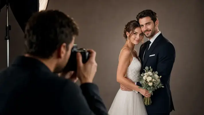 Wedding photos 4 Professional wedding photoshoot at PM STUDIOS Munich: A photographer capturing an elegant bride and groom in classic wedding attire within a high-end studio setting.