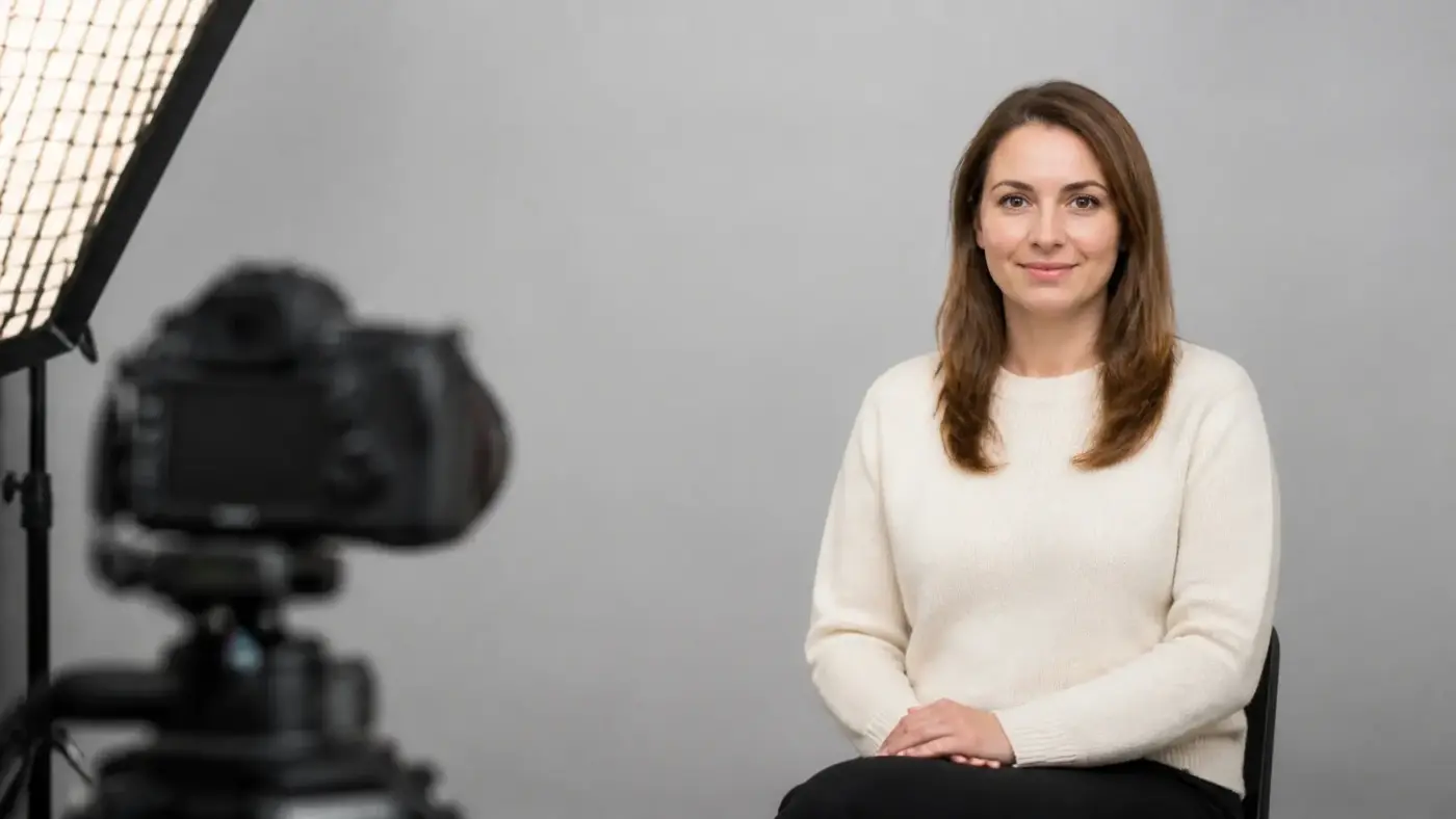 Professionelles digitales Passbild-Shooting im Fotostudio in München 1 Frau sitzt vor neutralem grauem Hintergrund im Fotostudio während eines professionellen Shootings für biometrische Passbilder bei PM STUDIOS München, Kamera auf Stativ und Softbox im Vordergrund.