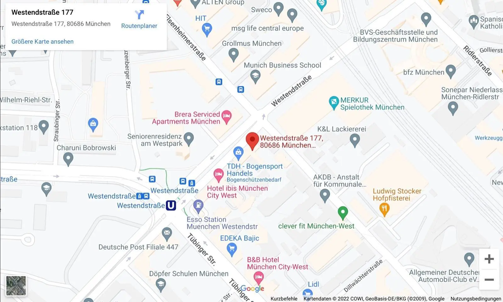 Maternity Photoshoot in Munich: How to Prepare for Your Studio Photos 4 Map showing the location of PM STUDIOS at Westendstrasse 177 in Munich for the maternity photoshoot