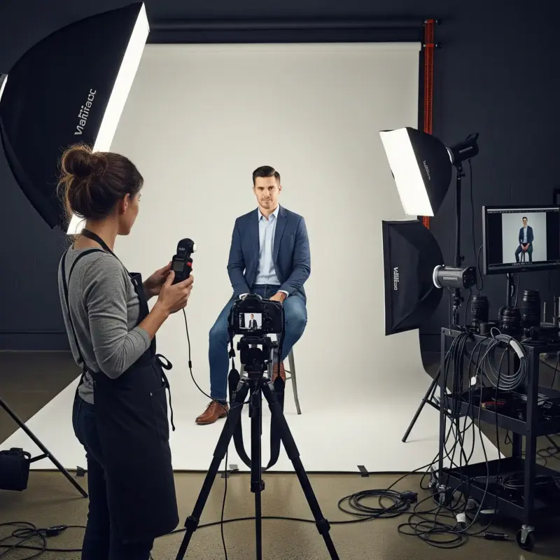 Why a professional application photo taken by a photographer in Munich is crucial today 2 a woman taking a picture of a man in a photo studio