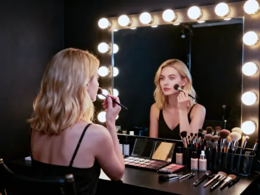 Woman applying makeup in front of a lighted mirror at PM Studios Munich before her e-passport photoshoot.