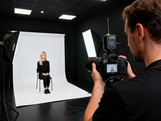 Photographer taking a biometric e-passport photo of a client in a professional studio setting at PM Studios Munich.