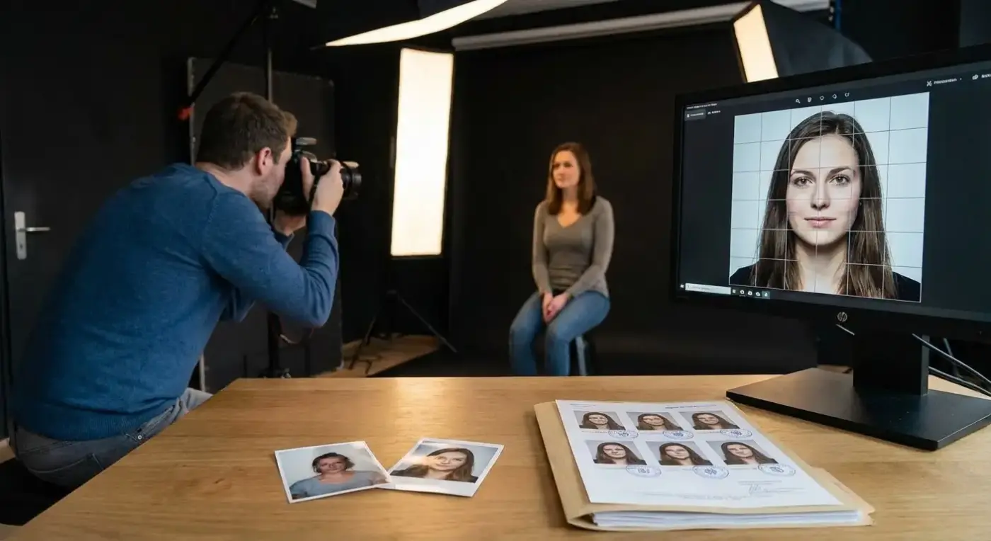 Biometric passport photo being professionally taken in Munich studio — subject seated against neutral background, camera aligned correctly.