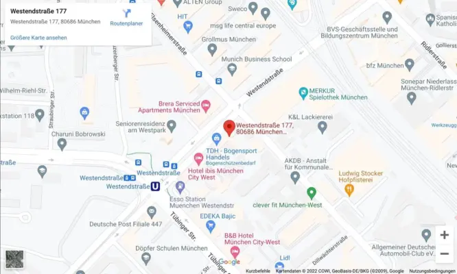 Google Maps view showing the location of PM Studios at Westendstraße 177, 80686 Munich.