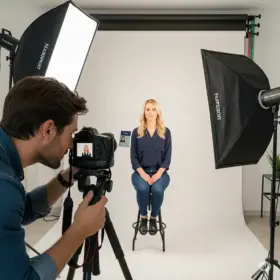 a man taking a picture of a woman sitting on a chair