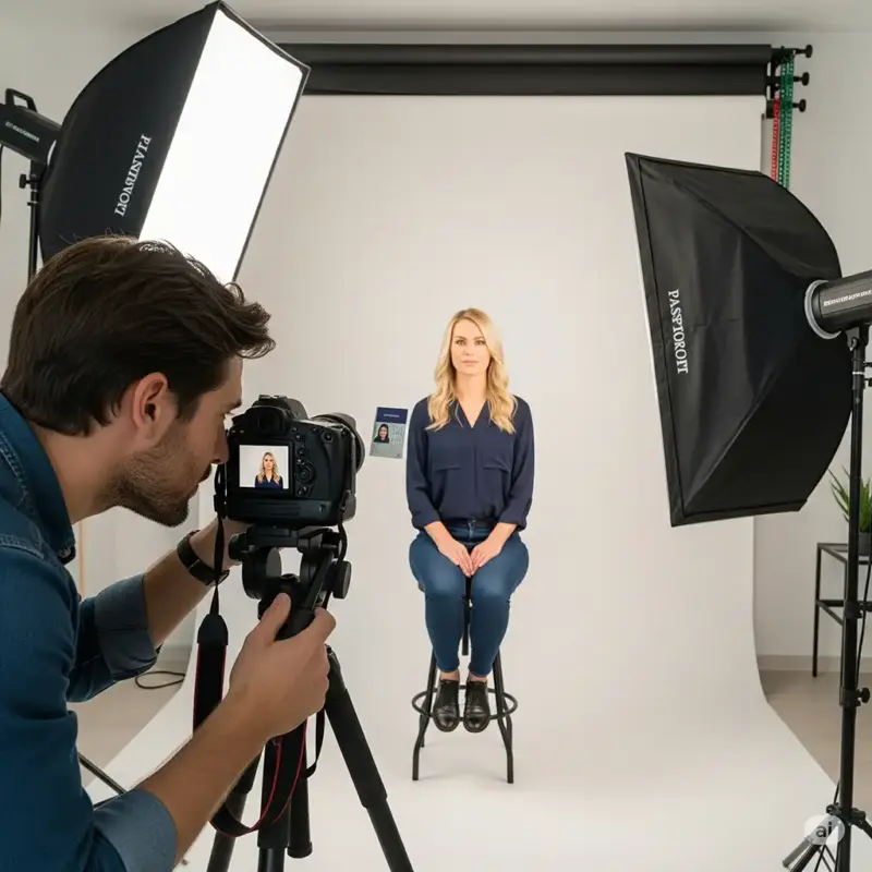 a man taking a picture of a woman sitting on a chair